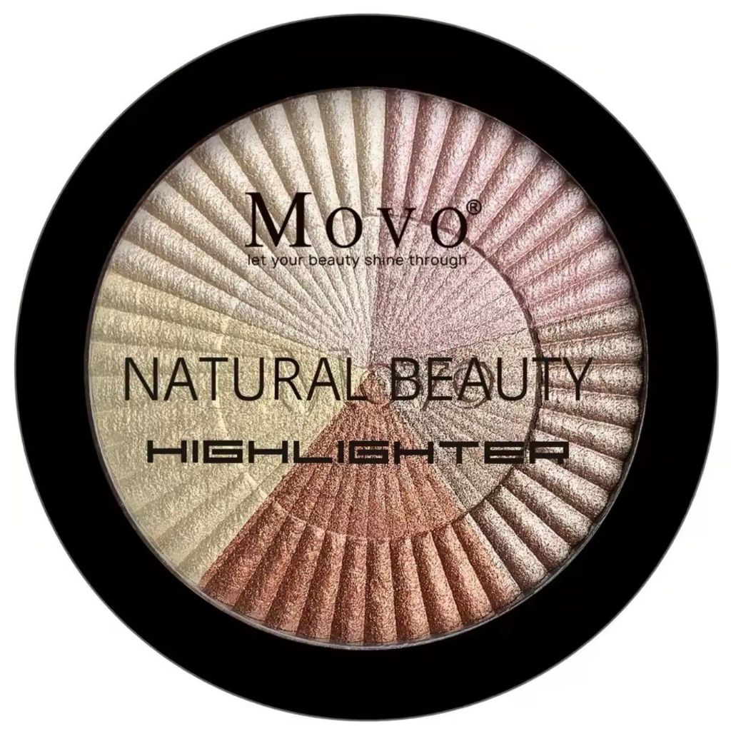Paleta de iluminador facial Movo Natural Beauty em formato circular com quatro divisões de cores cintilantes em tons de champanhe, rosado e bronze.