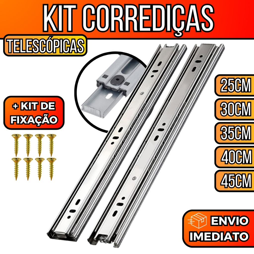 Kit Corrediças Telescópica Light 25cm Até 45cm Trilho Gaveta 30kg Com Parafusos Deslizamento Suave em Oferta na Shopee