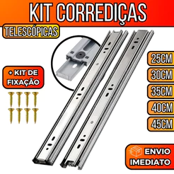 Kit Corrediças Telescópica Light 25cm Até 45cm Trilho Gaveta 30kg Com Parafusos Deslizamento Suave