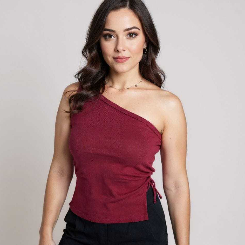 Blusa Feminina Elegante Mula Manca Assimétrica Casual Ombro Único Com Franzido Tomara Que Caia Canelada