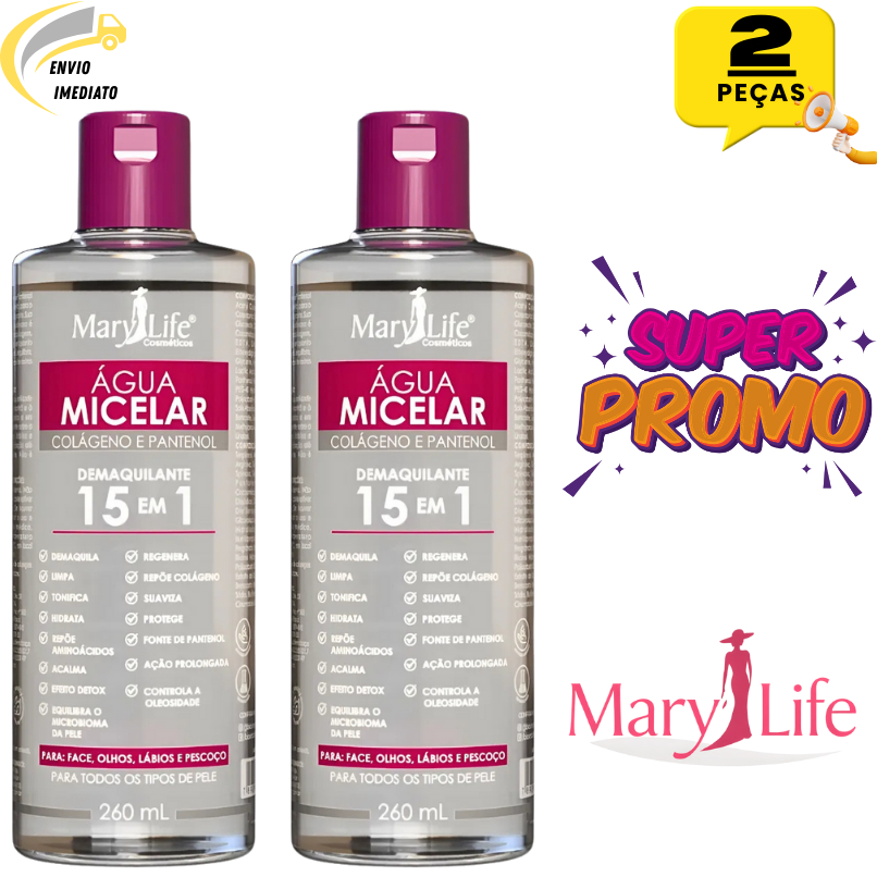 Kit 2 Peças Água Micelar Mary Life 15 em 1 com Colágeno e Pantenol | Demaquilante Facial 260ml