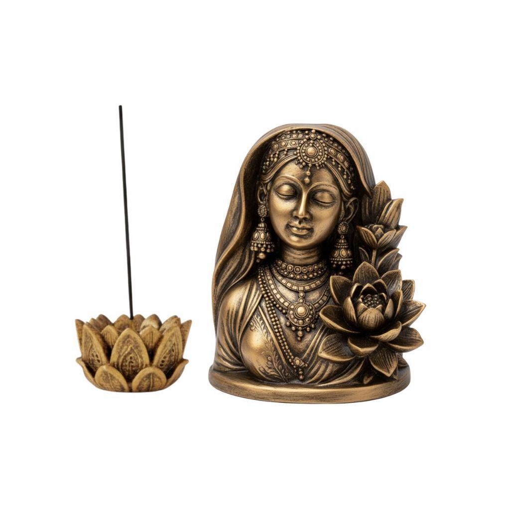 Kit Estatueta Deusa LAKSHMI GAIA Fortuna Prosperidade Resina + Flor de Lótus Dourada 9cm Indiana Zen