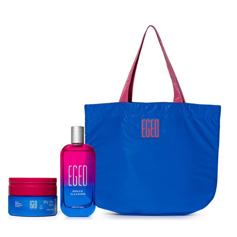 kit Egeo Dolce Illusion: Desodorante Colônia 90ml + Creme Desodorante Corporal 250g + Bolsa Big Bag Azul e Rosa