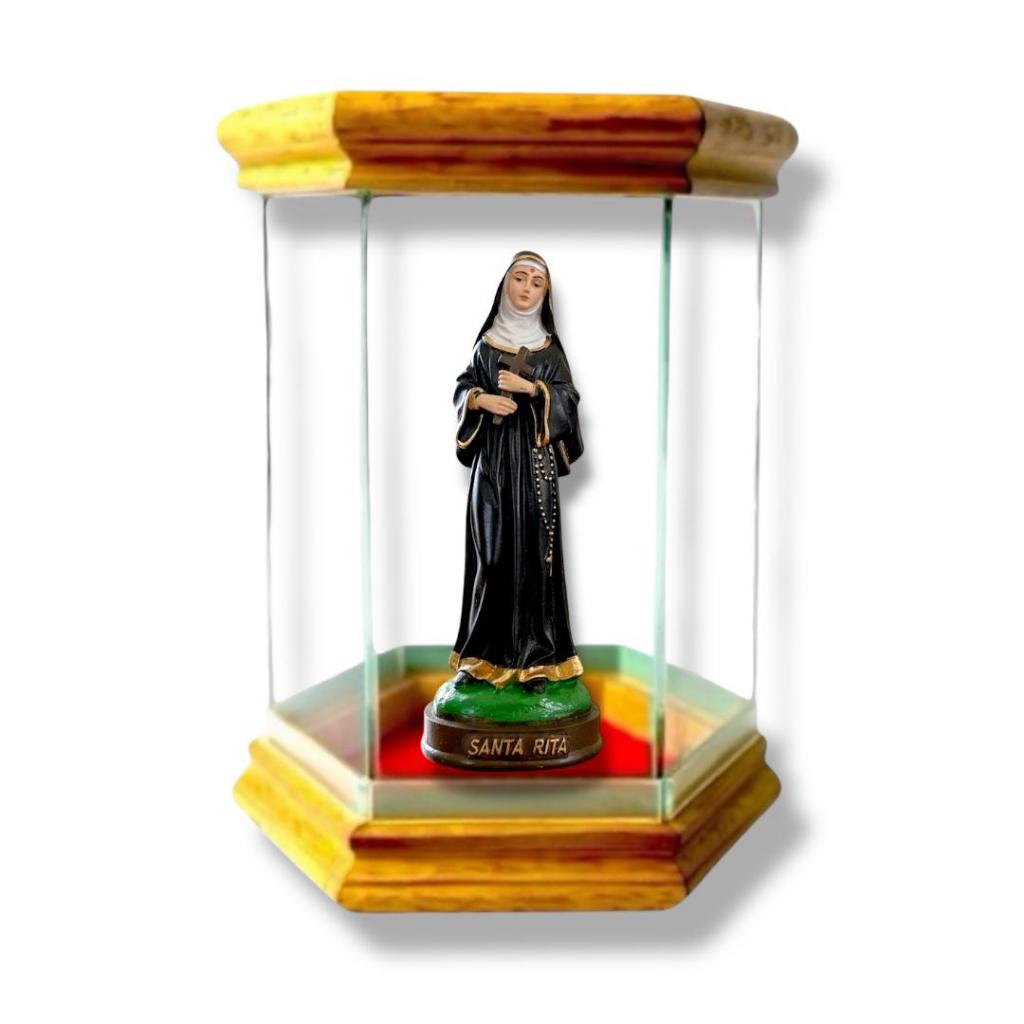 Imagem Santa Rita De Cássia Resina 15cm com Redoma Oratório de Vidro