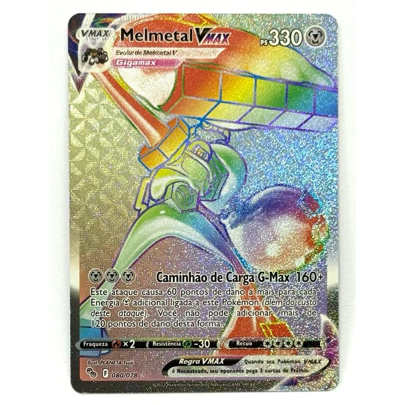 Carta 080/078 Pokémon TCG Original Copag Card Melmetal Vmax Rainbow Full Art Brilhante Holográfica Foil