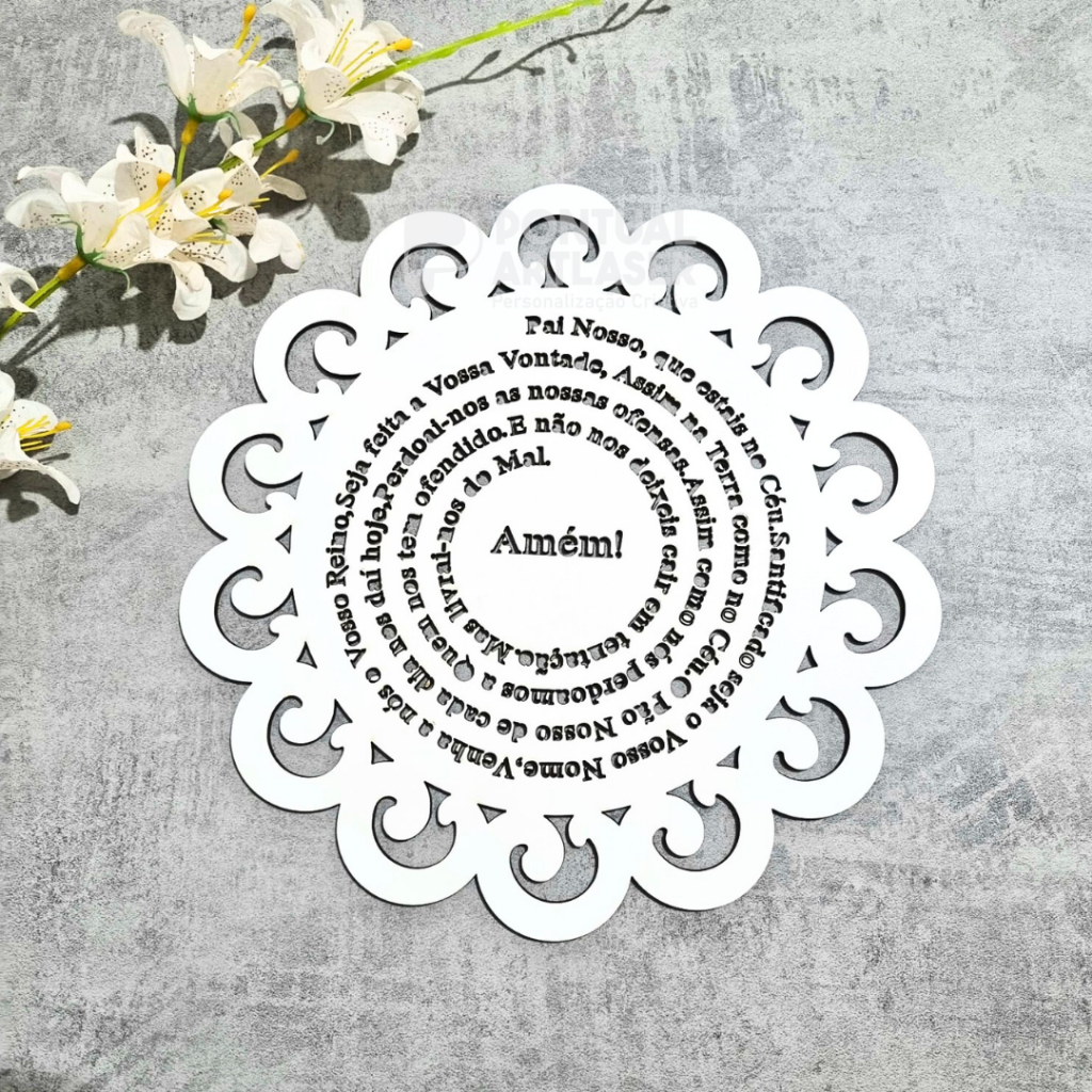 Mandala Pai Nosso MDF Branco 25cm Decorativa de Parede Religiosa Enfeite Porta Sala Quarto