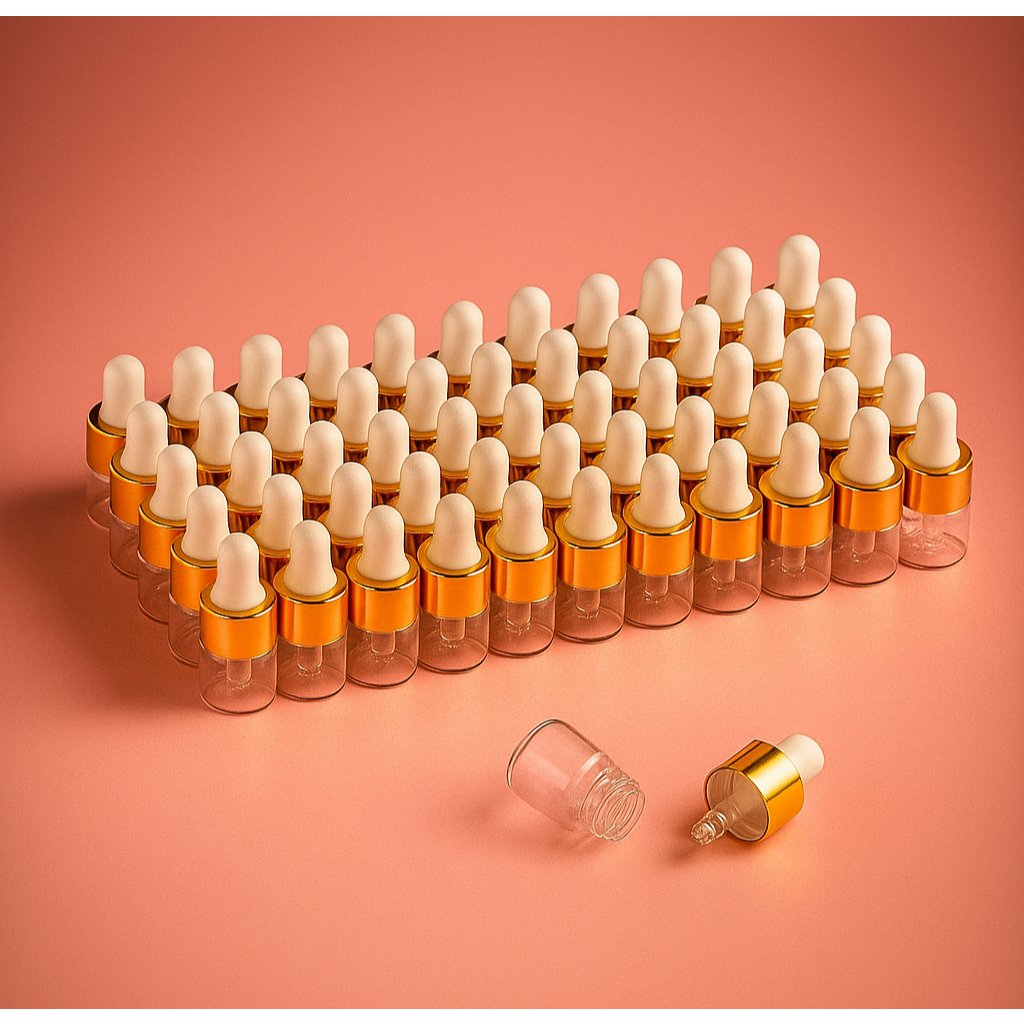 Frascos Conta-Gotas De Vidro 1ML Com Pipetas Cor Dourada Kit Com 20 Unidades