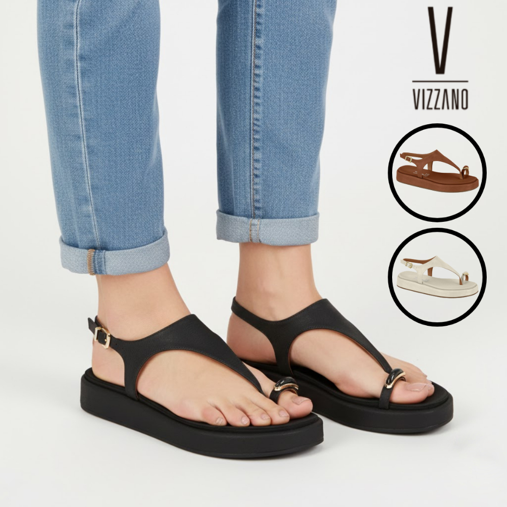 Sandália de Dedo Feminina Vizzano Plataforma Baixa Plana Detalhe Fivela Confortável Original