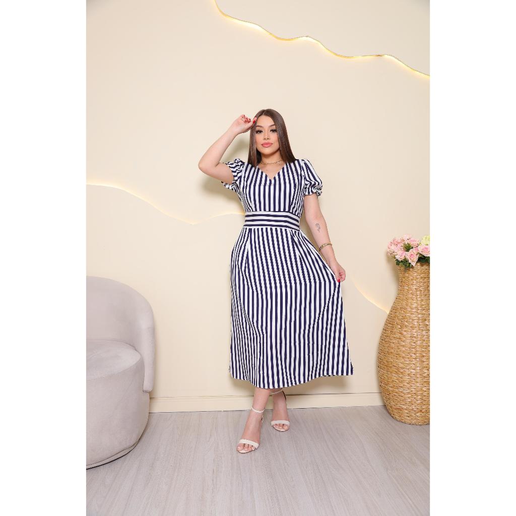 Vestido Midi Feminino Elegante Listrada – Manga Princesa, Decote V, Casual e Confortável em Oferta na Shopee