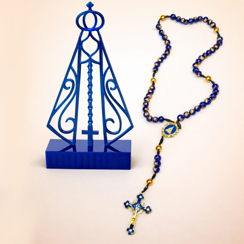 Nossa Senhora Aparecida vazada e Terço Azul Imagem Decorativa Religiosa Católica
