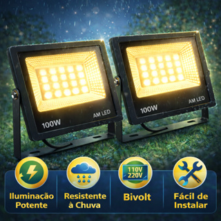 KIT 2x Holofote 100w luz forte amarela branco quente 3000k bivolt resistente a sol e chuva IP66 em Oferta na Shopee