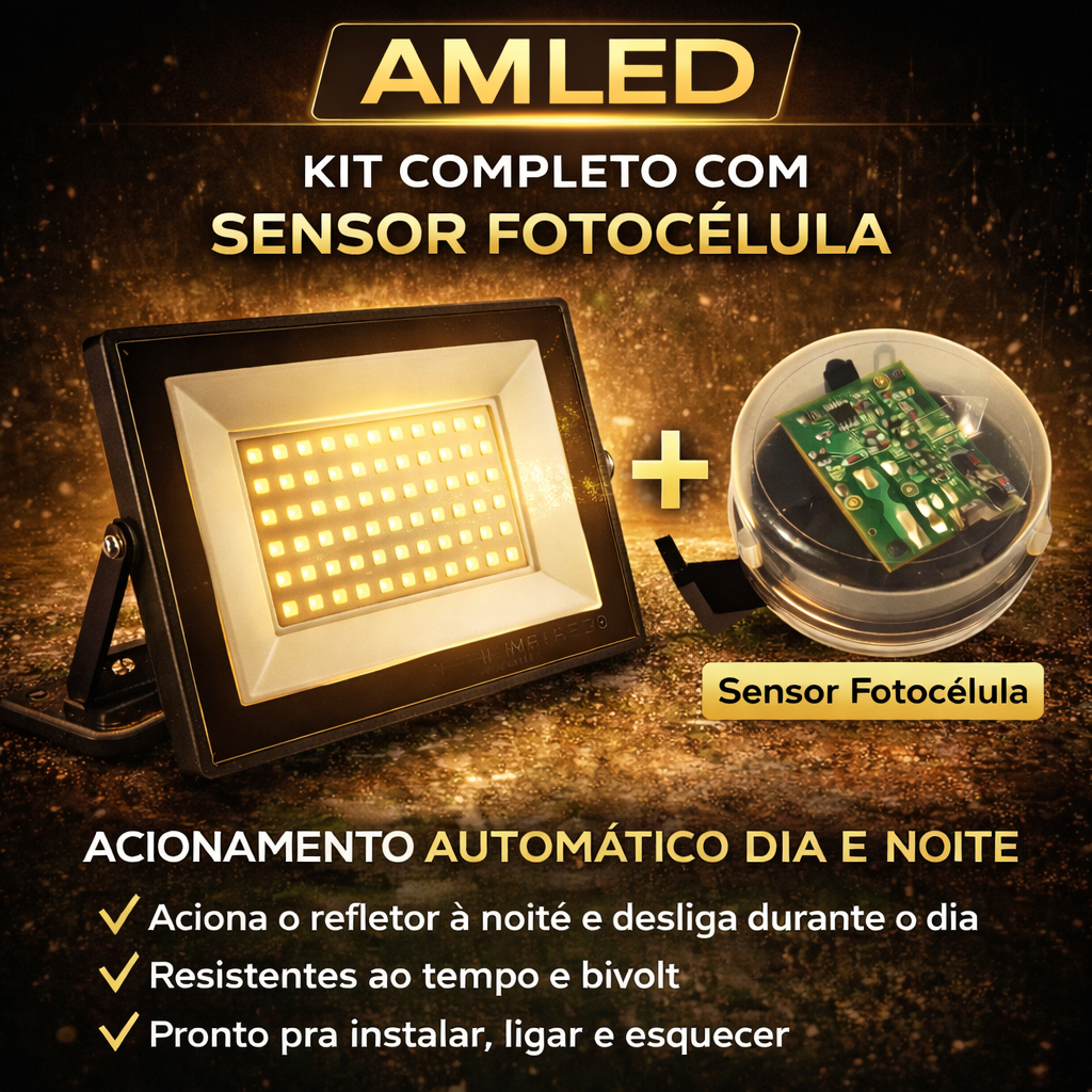 Holofote 100w com sensor fotocélula acendimento automático a noite desliga ao amanhecer