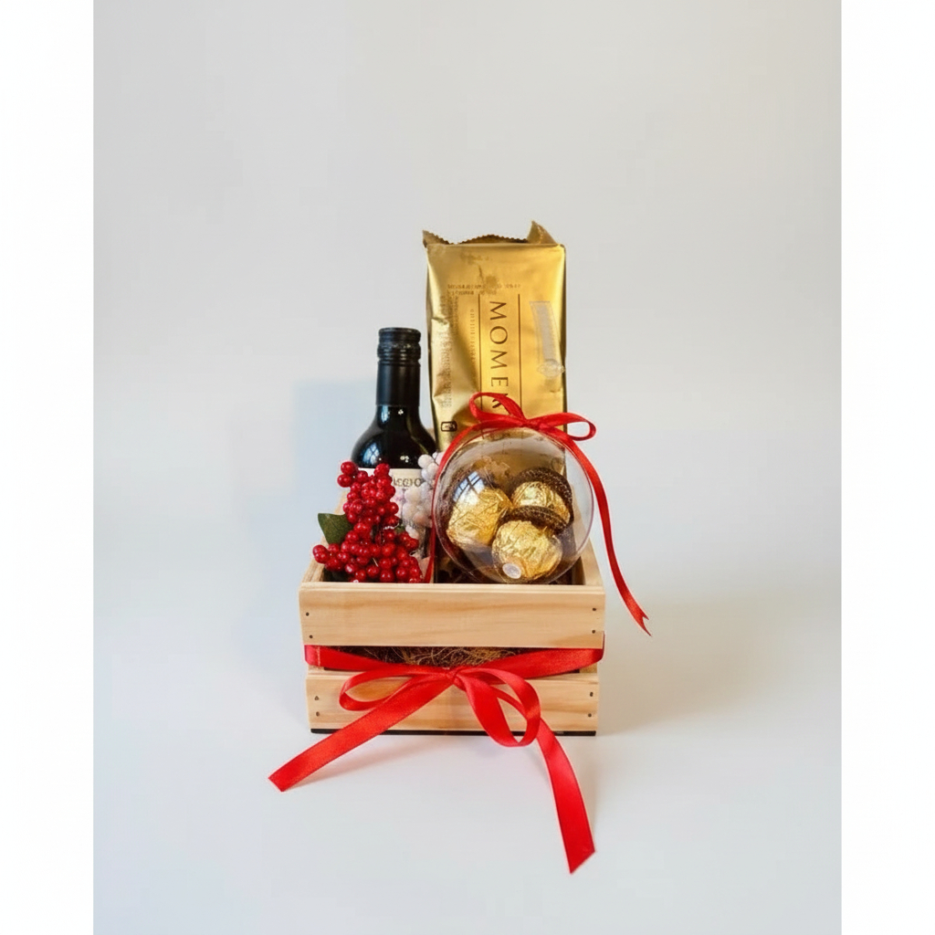 Kit Presente Mini Vinho e Chocolates 🍷☕🍫 | Caixa de Madeira Decorada - Presente Elegante de Natal