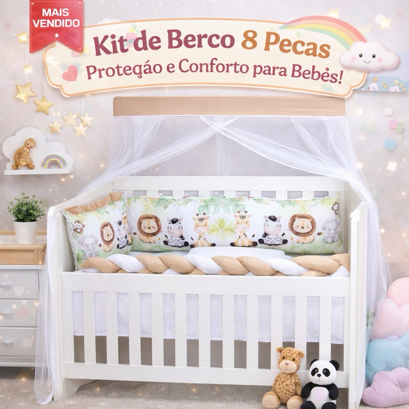 Kit Mini Berço 8 Peças Enxoval Bebê Menino Menina com Trança Edredom e Mosquiteiro