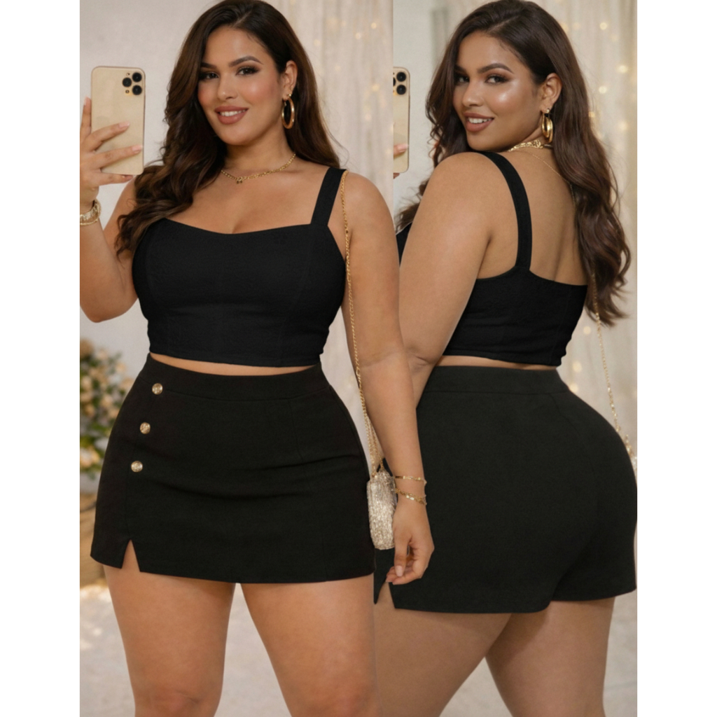 Conjunto Feminino Plus Size G GG G1 G2 | Cropped e Short Saia com Botões | Estica, Conforta e Valoriza em Oferta na Shopee