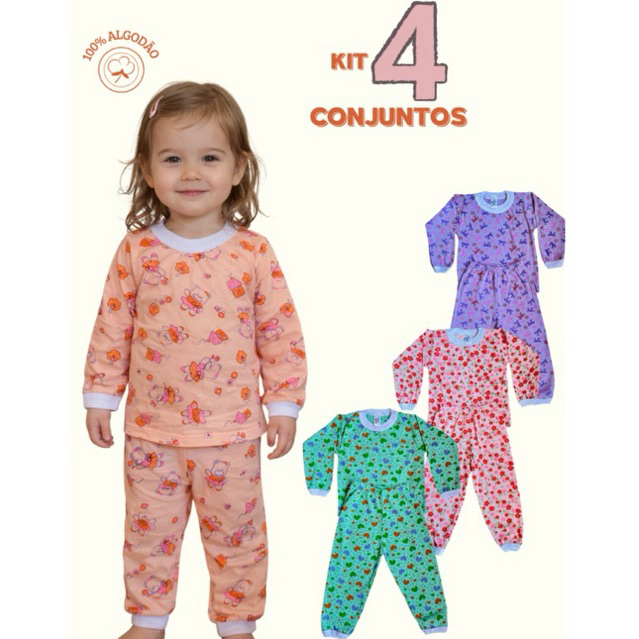 Kit 4 Pijamas Infantil Menina Algodão Manga Longa Calça e Blusa Estampado