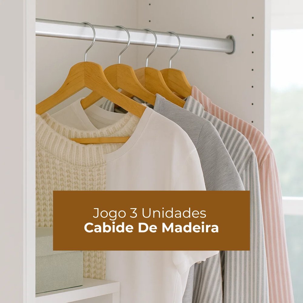 Kit 3 Unidades Cabides Madeira Resistente Organizar Roupa Vestuario Casa Loja Guarda-Roupa Closet