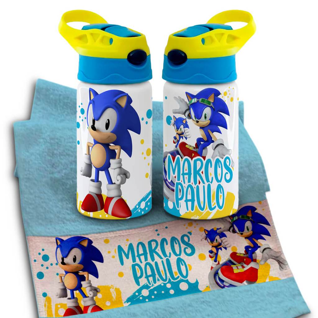 Kit Personalizado Garrafa e Toalhinha Sonic com Nome Volta as Aulas Infantil em Oferta na Shopee