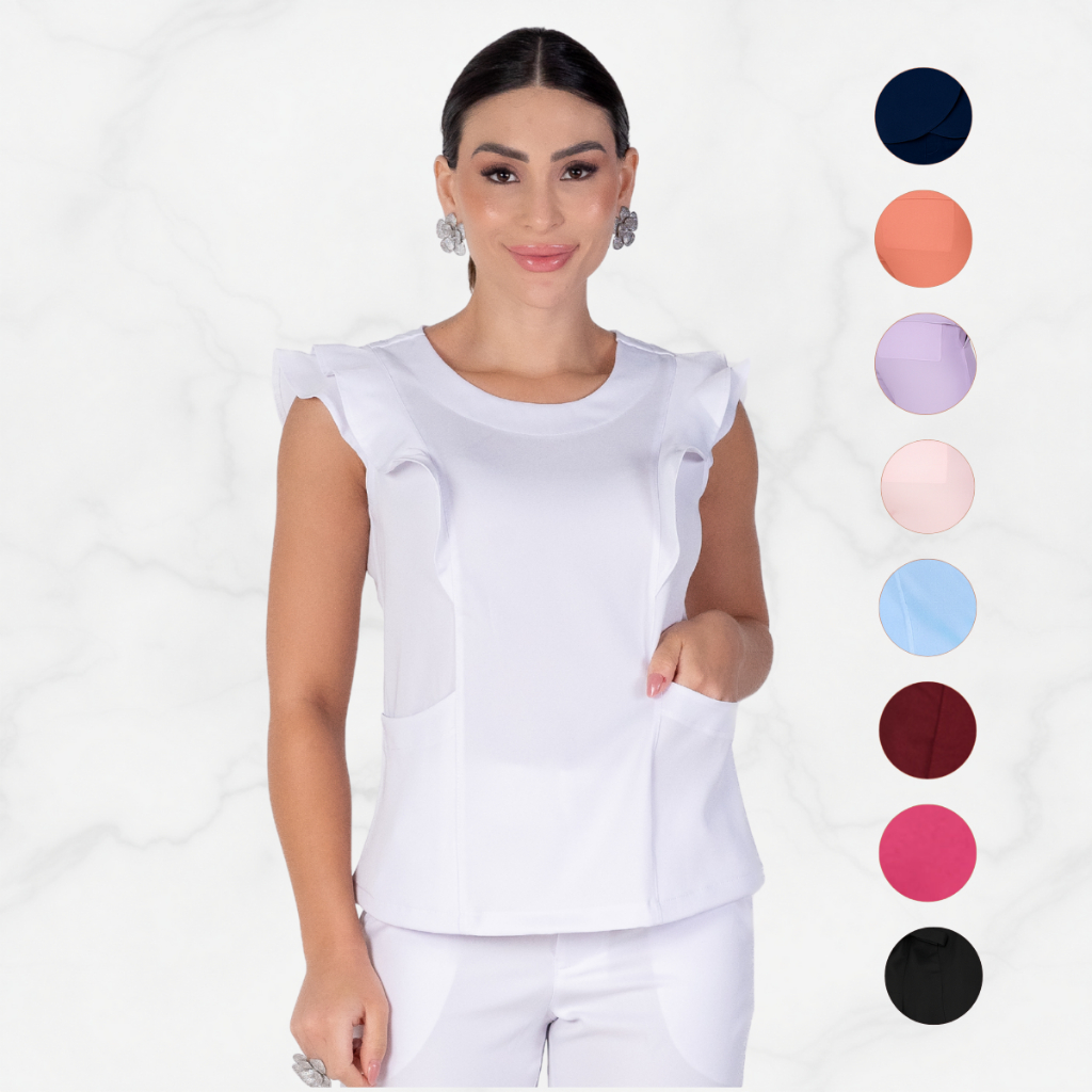 Blusa Scrub Babados Feminina Alfaiataria Elastano Uniforme Profissional Saúde Estética Trabalho em Oferta na Shopee
