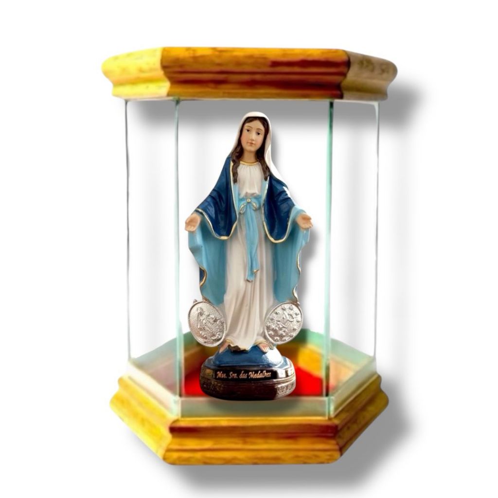Imagem Nossa Senhora Graças Medalhas 15cm Resina Redoma Oratório Vidro