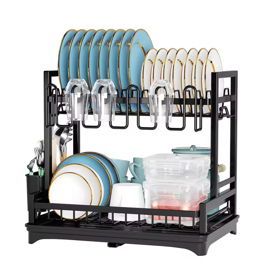 Escorredor de PRETO 17 Pratos Duplo 2 Andares – Aço Inox Acabamento Premium