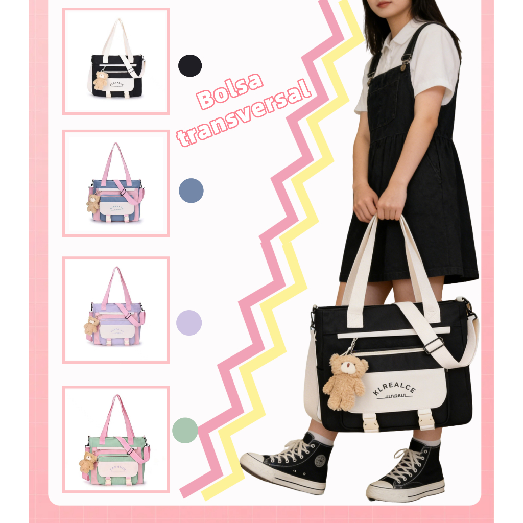 Bolsa de Ombro Transversal Aderível Estilo Japonês/Coreano Kit Escolar Infantil com Ursinho Decorativo em Oferta na Shopee