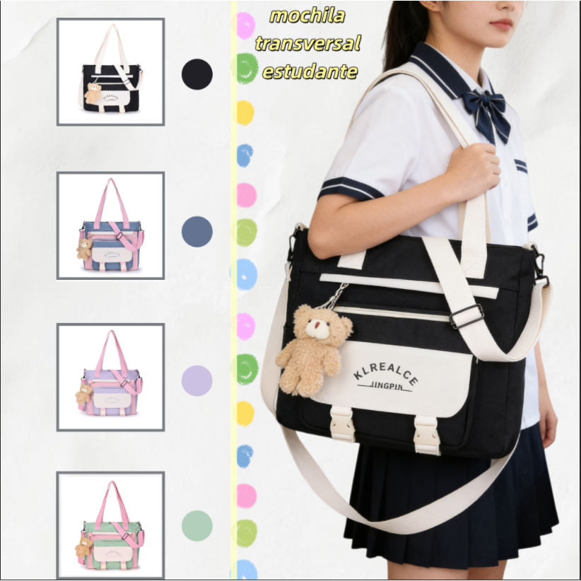 Bolsa Transversal de Ombro Estilo Kawaii Japonesa/Coreana Kit Escolar Infantil + Ursinho Adorno em Oferta na Shopee