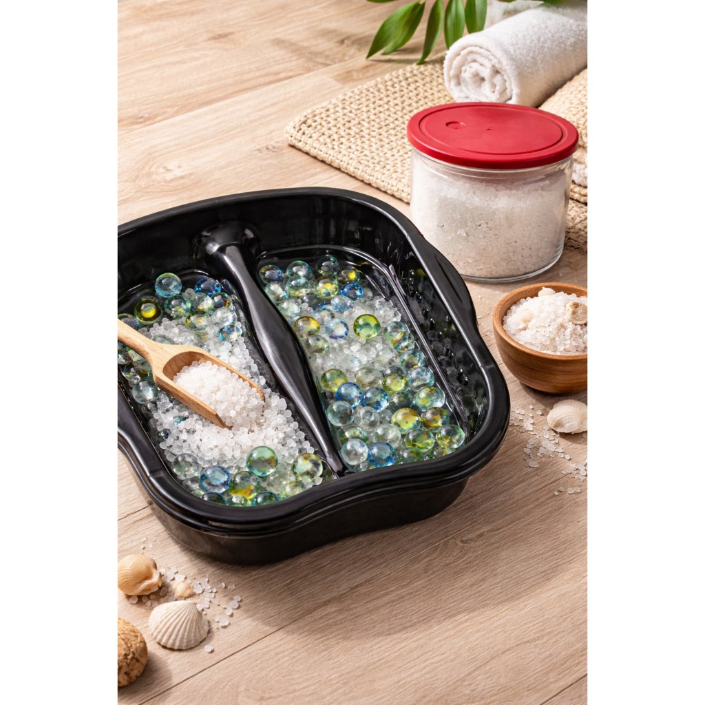 Kit Spa para os Pés Completo Escalda-Pés Relaxante com Bacia, Sal Grosso, Bolinhas de Gude e Pote Hermético em Oferta na Shopee