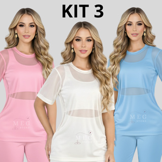 Kit 3 Blusa Feminina Transparente de Tule Manga Curta Camiseta Academia Treino Camisão Fresco Fitness em Oferta na Shopee