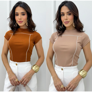 Blusa Feminina Manga Curta Ribana Elegante Estilosa Tendência Blusinha Básica em Oferta na Shopee