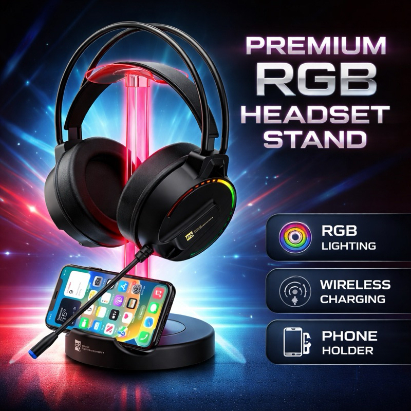 Suporte Premium para Headset com LED 7Cores Lançamento Exclusivo Base Estável e Suporte para Celular