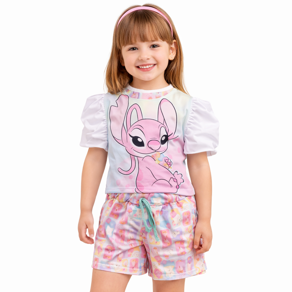 Conjunto Infantil  Verão  Roupa Menina Estampada Camiseta  Short Moda Feminina Croopet