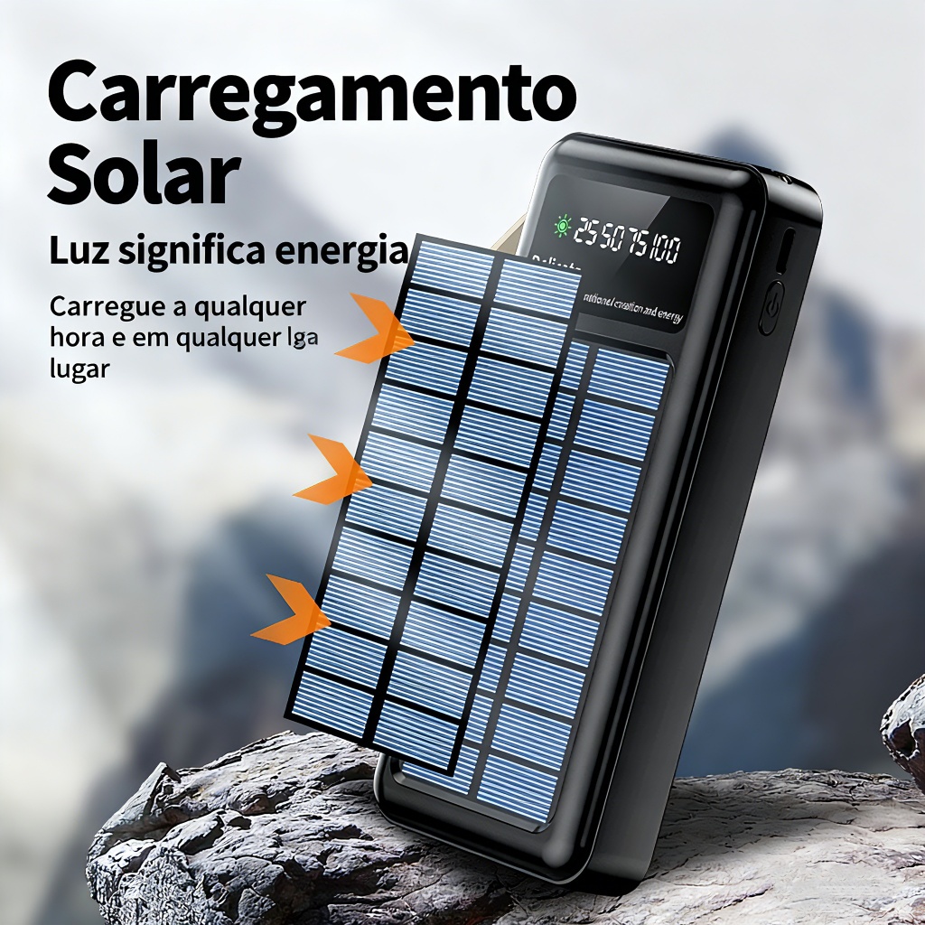 20000mAh Power Bank Solar Carregador Portátil com cabos 5 Em1 Carregamento Solar e LED Integrado — imagem 2 de 2