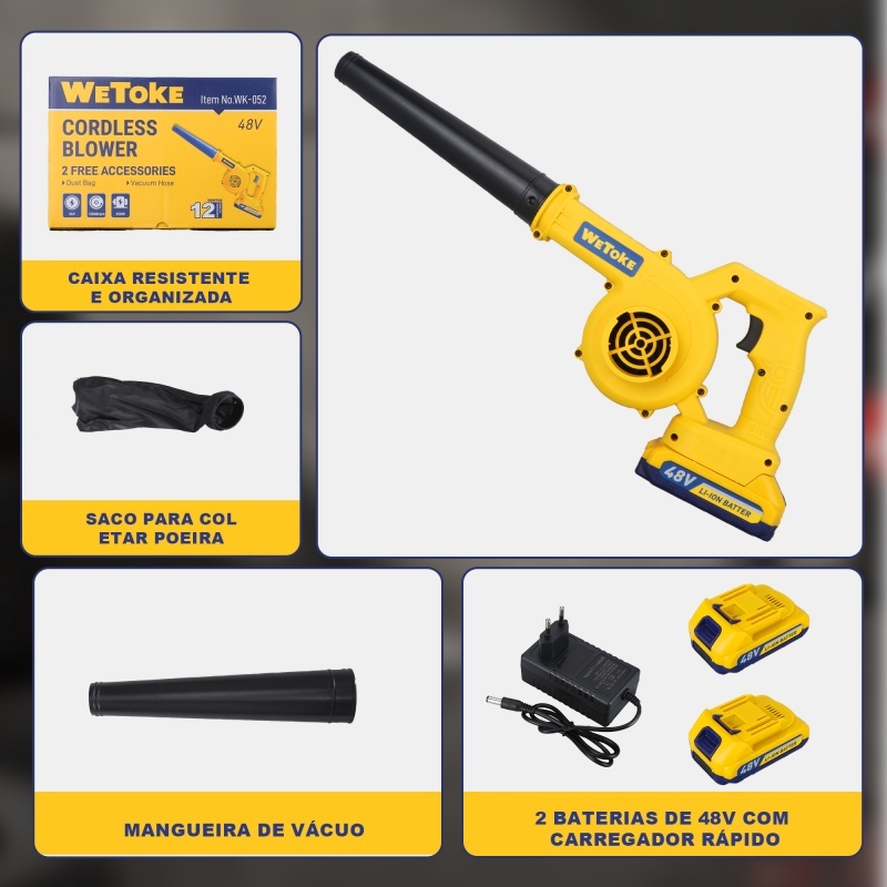 Soprador E Aspirador De Folhas Portátil 48v 2 Baterias Amarelo 127/220v