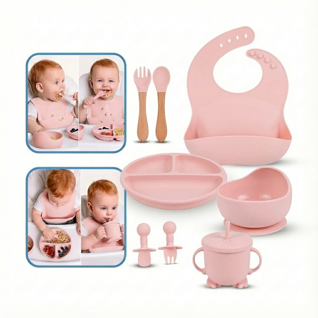 Kit Alimentação Bebê Silicone 8 Peças Completo Prático Seguro Infantil Free BPA Introdução Alimentar