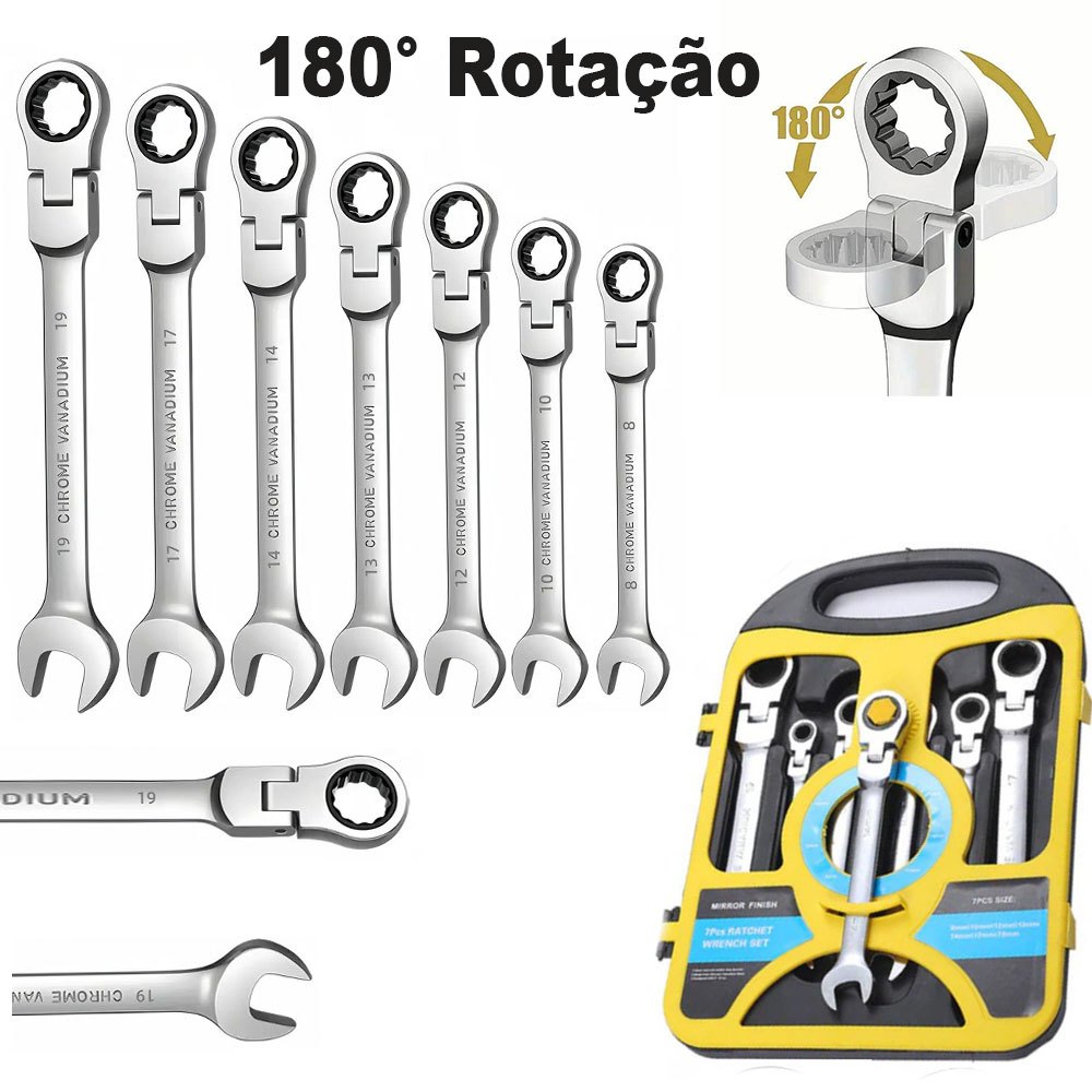 Kit 7 Peças Chave Ferramenta Combinada Catraca Boca Profissional Peças 08 A 19mm