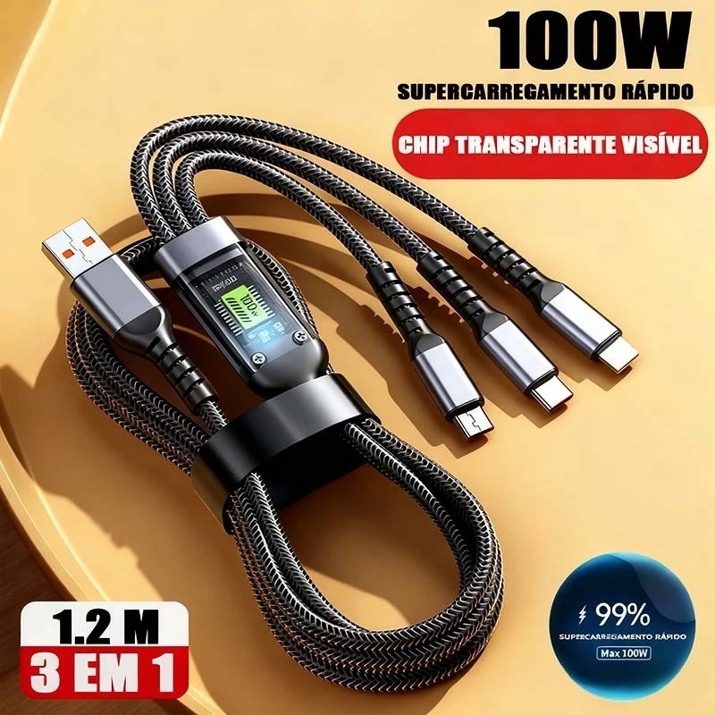 Cabo De Carregamento 1.2M 3 Em 1 De Liga De Zinco 100W 6A Carregador Super Rápido USB Proteção Para Micro Tipo C