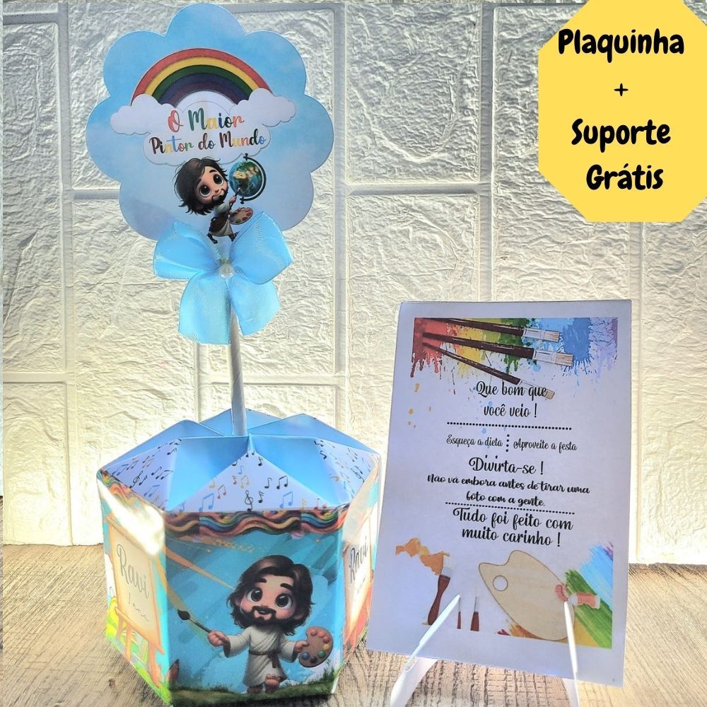 Centro de Mesa O Maior Pintor do Mundo Jesus Cachepô Personalizado + Plaquinha Arranjo Lembrancinha Enfeite Aniversário