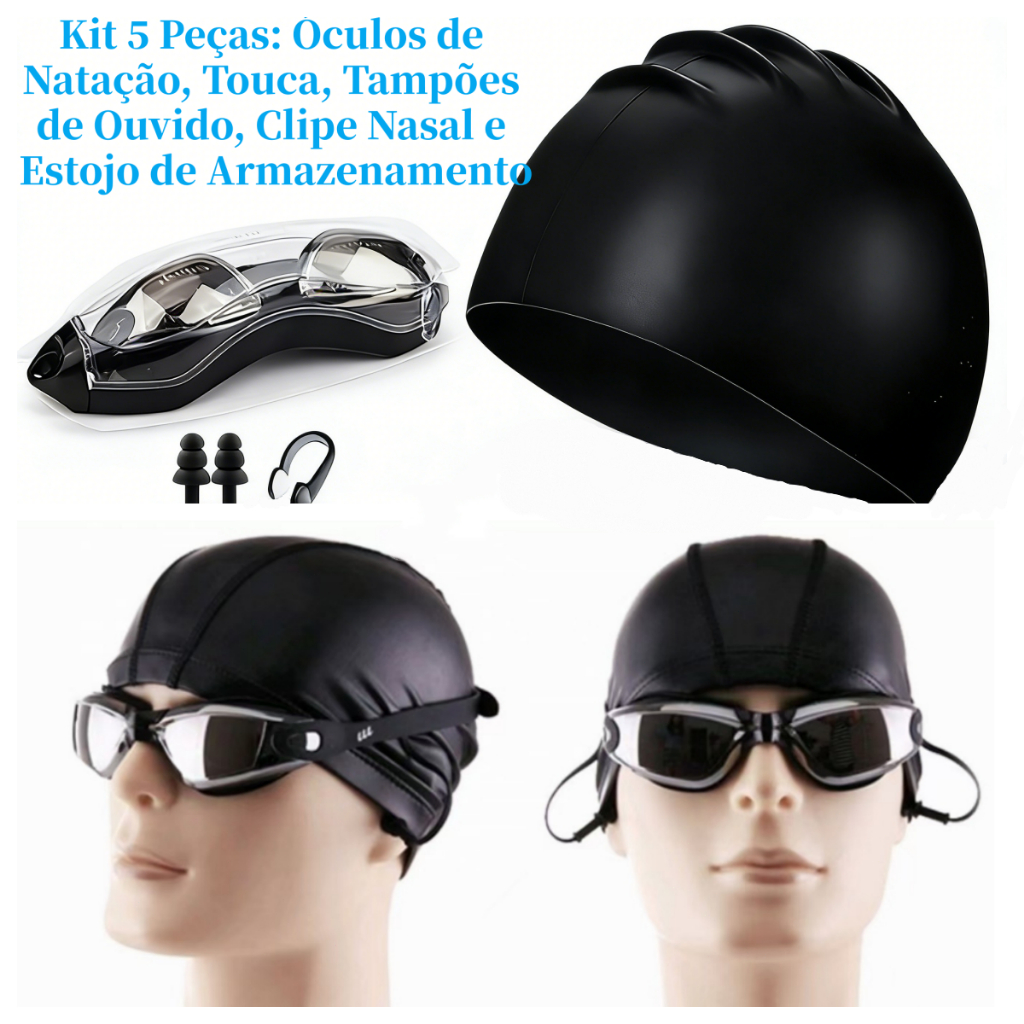 Kit Natação Tamanho Universal – Óculos de Piscina, Touca, Narizeira e Tampões para Adulto e Infantil
