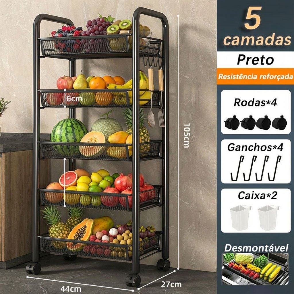 Fruteira De Cozinha De Chão 4/5 Andares Com Rodízios Para Frutas Multifuncional Aço