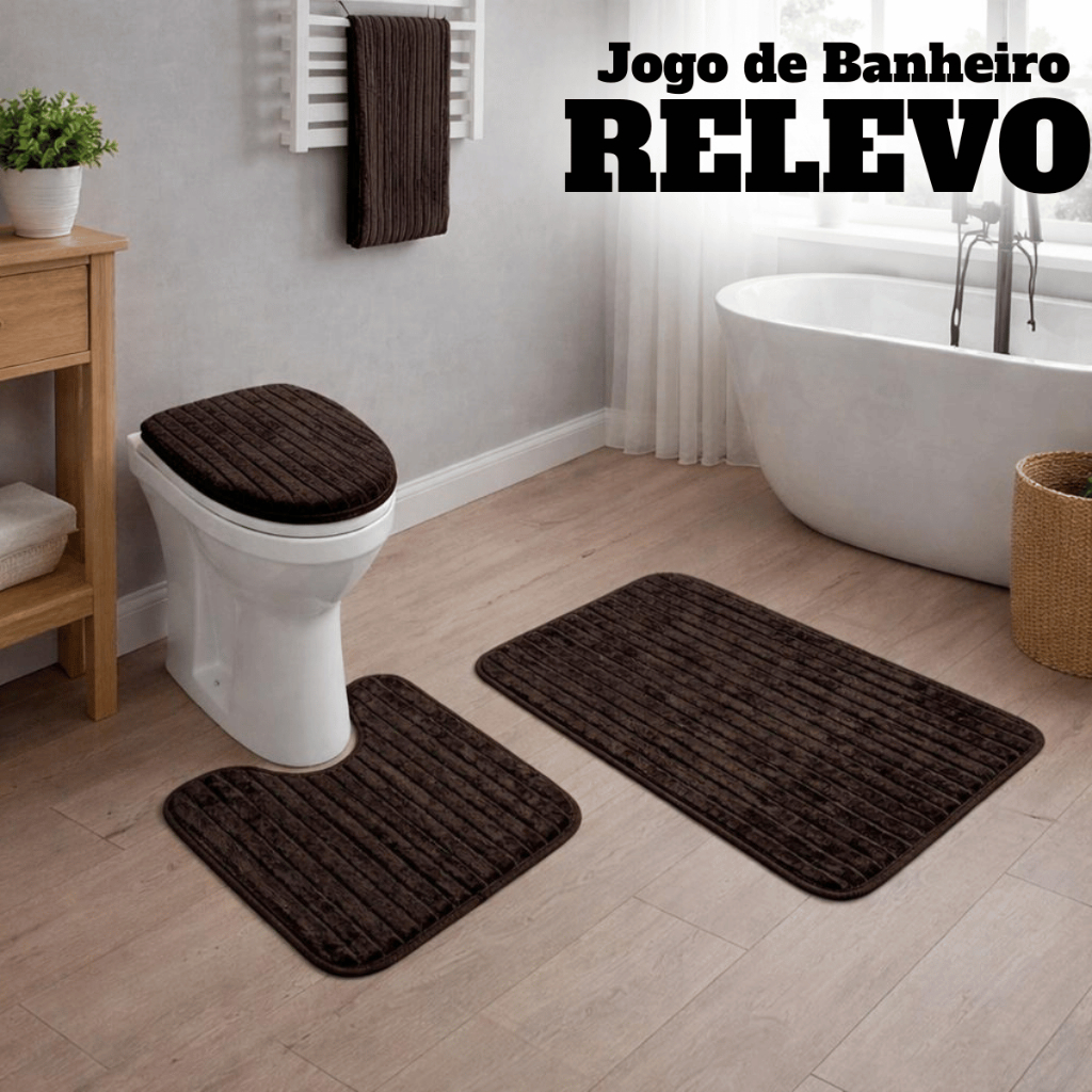 Jogo Banheiro Kit 3 Peças Tapete Alto Relevo Absorção Enxuga Bem Decoração
