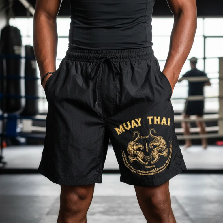 Short Bermuda Tactel Muay Thai Com Elástico Bolsos Laterais Seca Rápido Treino Luta Arte Marcial