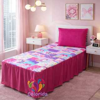 Kit Colcha Cobre Leito Solteiro Kids Com Babado - Estampa Infantil - Unicórnio em Oferta na Shopee