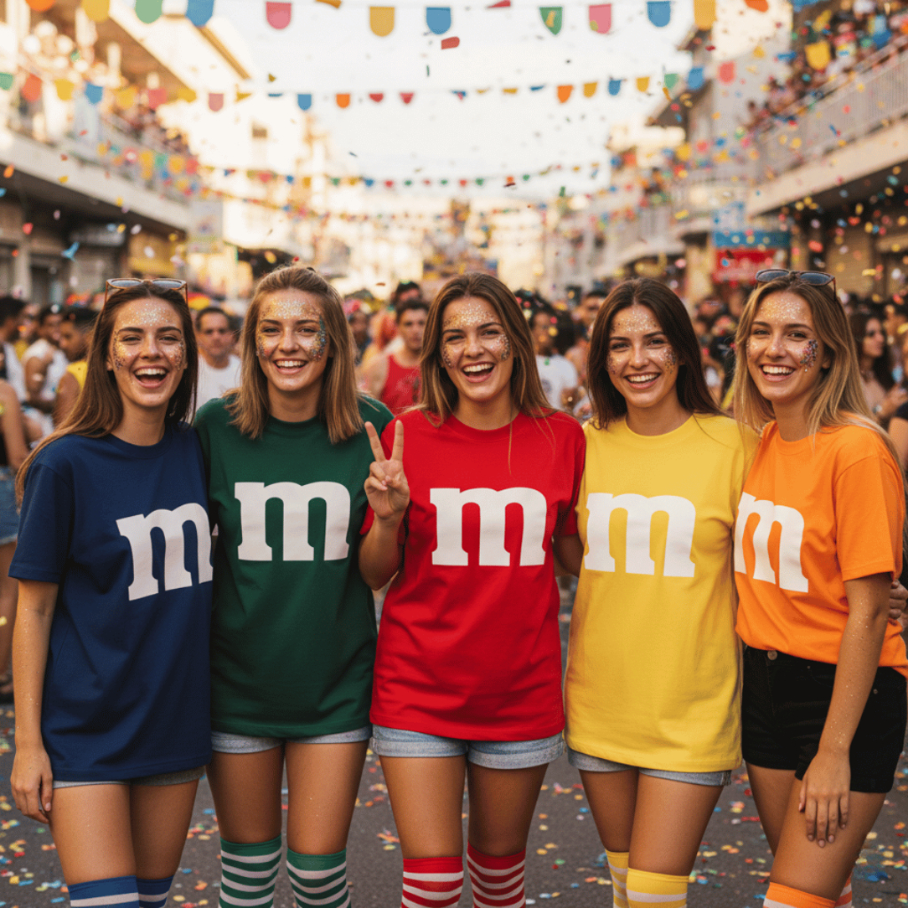 Camiseta Carnaval M&M Fantasia Amigas Em Cores Bloco Carnaval E Festa Colorida Em Algodão 100% Estampa Premium