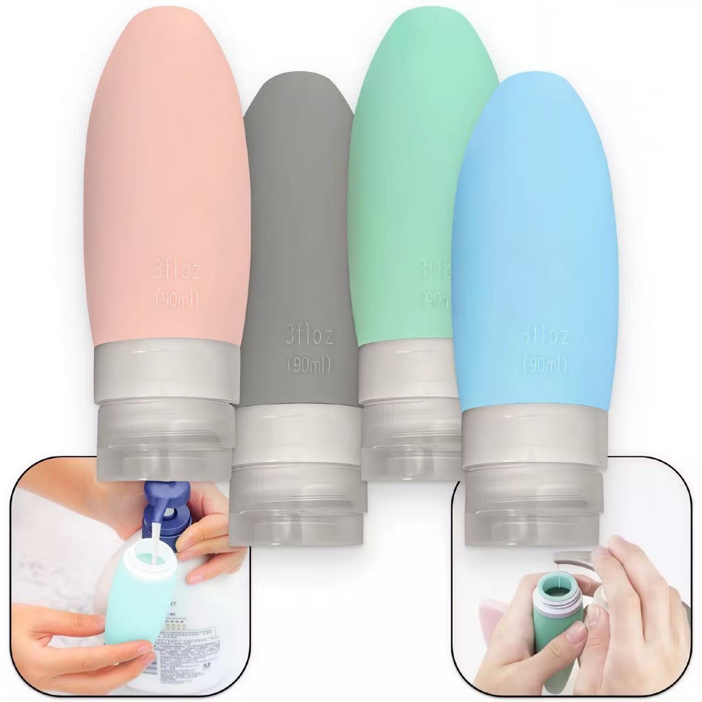 Kit Viagem 4 Frasco De Cosmetico 90ml Silicone Para Viagem Portatil Shampoo Creme Loçao Sabonete