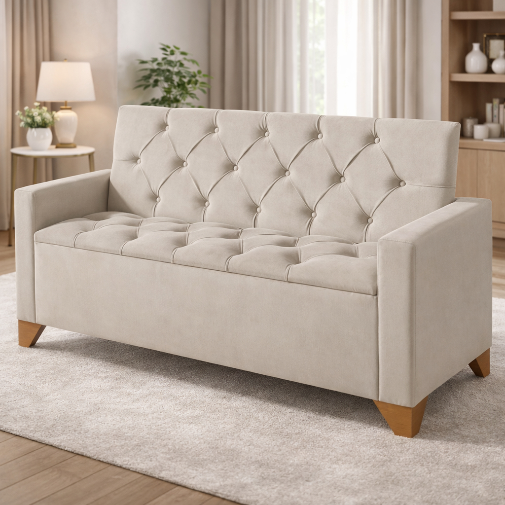 Sofá Recamier Estofado Luxo Braços Pés Madeira California 150cm Baú Quarto Sala Bancada Decorativa