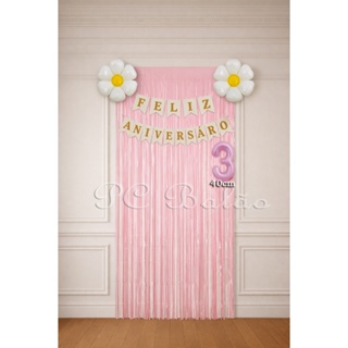 Kit 5 : Balão Metalizado n°40CM 1 FAIXA BRANCO ( FELIZ ANIVERSÁRIO) 2 MARGARIDA 1 CORTINA ROSA CLARO em Oferta na Shopee