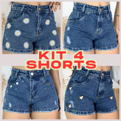 Kit 4 Shorts Jeans Feminino Cintura Alta 100 % Algodão Estiloso Conforto Verão 4 Modelos
