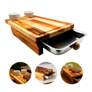 Tábua de Corte de Carne Para Churrasco Com Gaveta para Servir e Ramequim Duplo Madeira Nobre em Oferta na Shopee