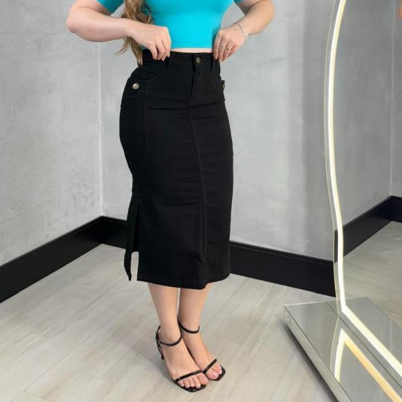 Saia Jeans Mídi Fenda Lateral Botão no Bolso Evangélica com Lycra Levanta Bumbum em Oferta na Shopee